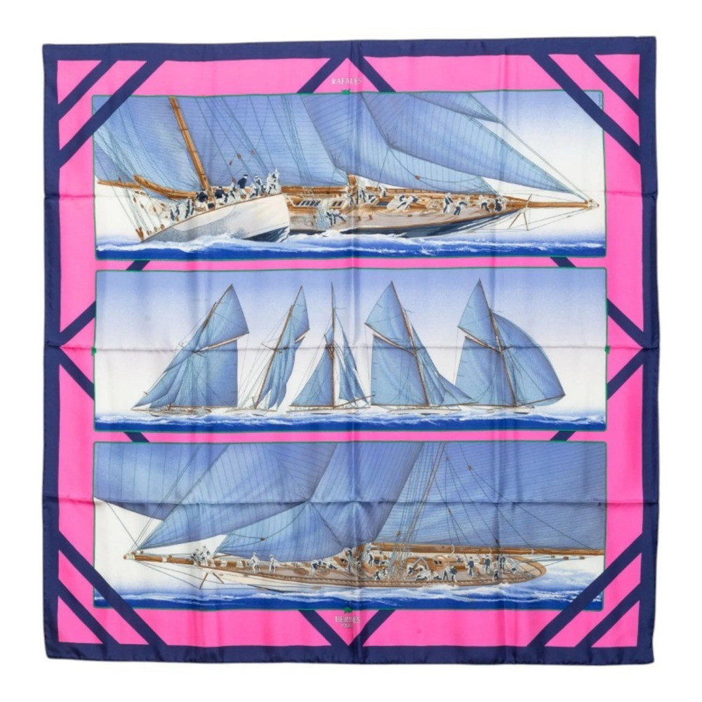 Hermes Carre 90 Rafales (Gale) Scarf/Muffler, Blue/Pink Multicolor Silk, Women's